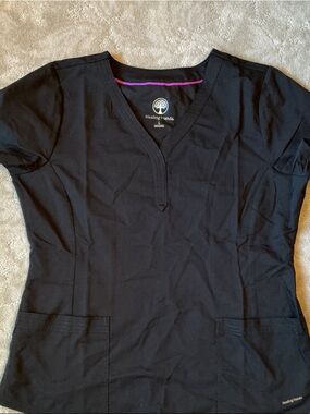 healing hands Black V-Neck Medical Scrub Top with Pink Trim